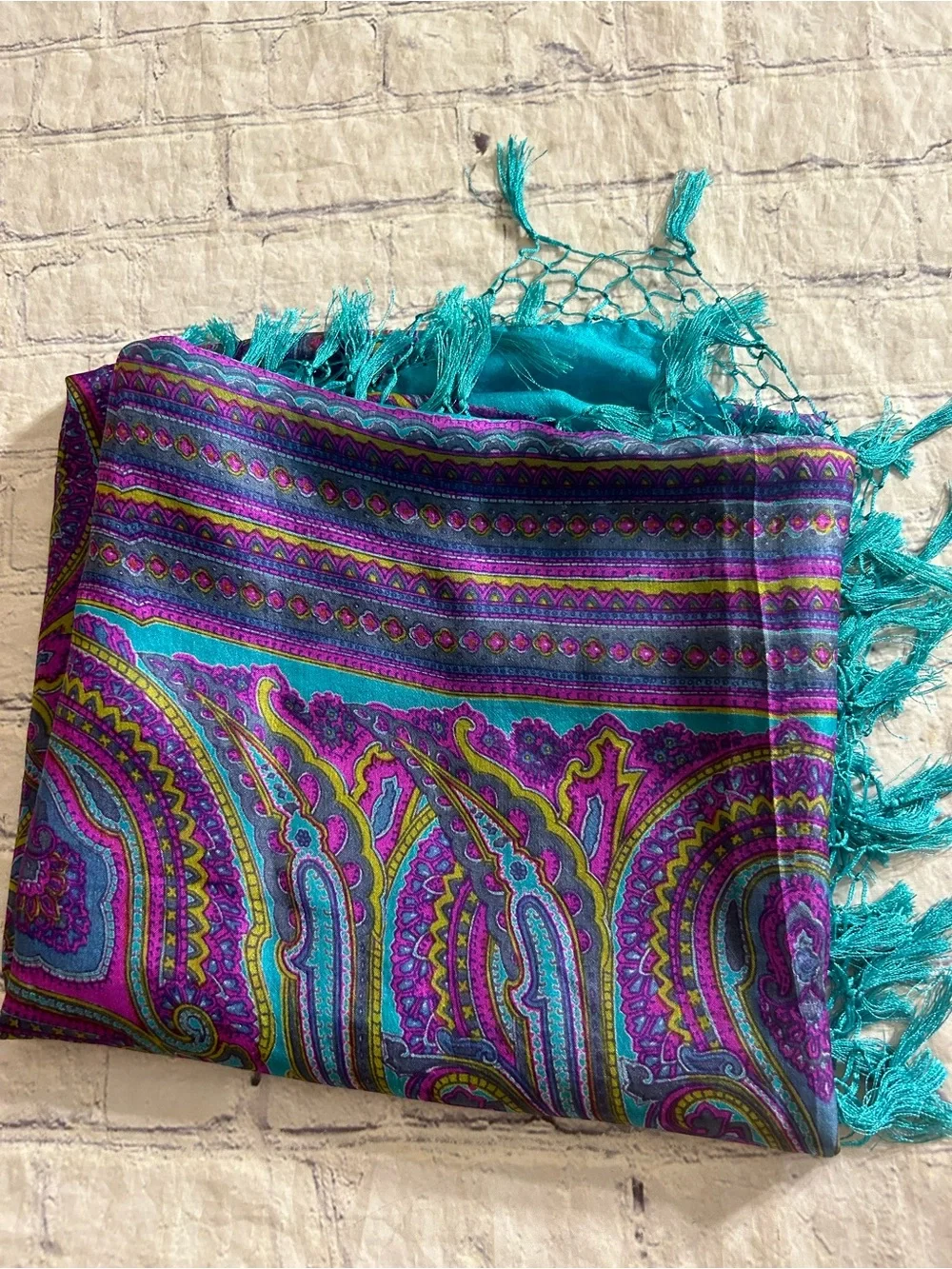 SILK INDIA MADE LARGE PURPLE/TEAL TURQUOISE PAISLEY WITH TASSEL FRINGE SCARF O/S